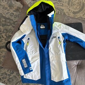 Like New Condition. Sporty White and Blue Off Shore Jacket with Neon Accents